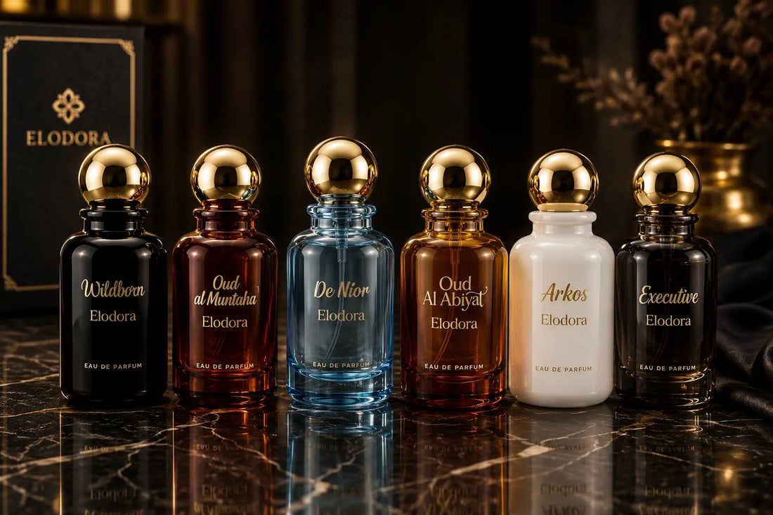 Best perfumes for men in Pakistan by Elodora featuring Executive, Wildborn, Denior, Arkos, Oud Al Abiyat, and Oud Al Muntaha Eau de Parfum collection.